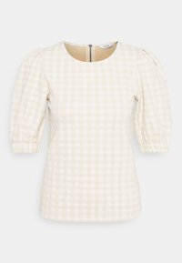 Top in gingham crema e beige con maniche corte a sbuffo, scollatura tonda e dettaglio con zip sul retro. Tessuto testurizzato con motivo a quadretti.