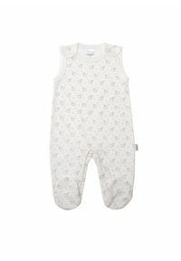 Weißer Babystrampler aus weichem Material, mit einem leichten Druck von kleinen Vögeln und Punkten, ärmelloses Design und Druckknopfverschlüsse an den Schultern.
