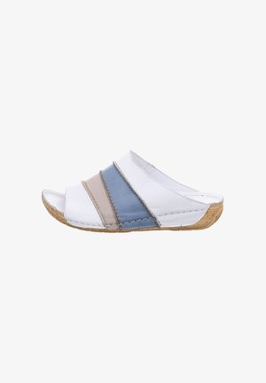 Slip-on sandals with a white leather upper featuring three horizontal stripes in beige and blue. Cork outsole, open-toe design, and stitched accents.