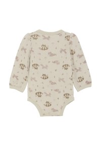 Långärmad bodysuit i krämfärgad tyg med ett lekfullt djurtryck i mjuka bruna och rosa nyanser. Rund hals med rynkade ärmar.