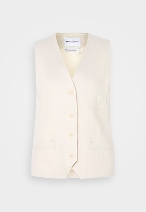 Lichtbeige mouwloze vest met een V-hals, vijf knopen en een enkele borstzak. Gemaakt van een gestructureerde stof met twee zijzakken.