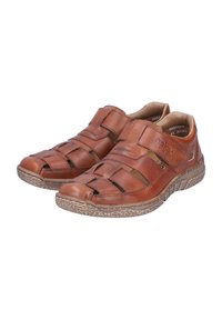 Leder-Sandalen in reichhaltigem Braun mit offenem Design, ausgestattet mit horizontalen Riemen und einer strukturierten Gummisohle für besseren Halt. Betonte Nahtdetails.