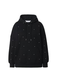 Sudadera negra de tela de sudor, con un bolsillo frontal, capucha con cordón y perlas sintéticas distribuidas uniformemente por toda la superficie.