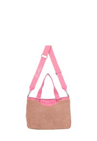 Sac fourre-tout texturé beige avec des accents roses. Il possède des poignées doubles et une longue sangle réglable. Doublure intérieure lisse, design décontracté.