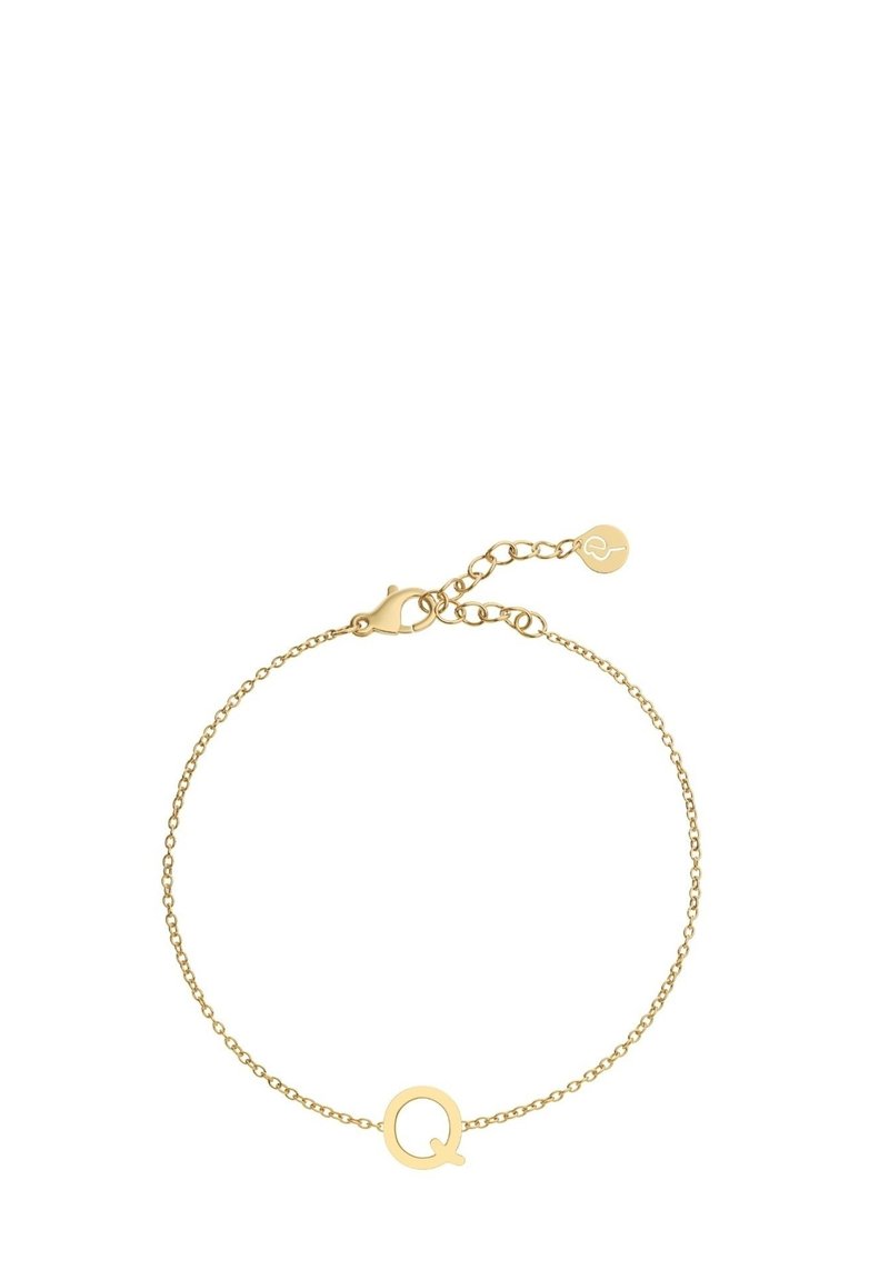 Zlata zapestnica z minimalističnim dizajnom in krožno "Q" charms. Nastavljiv zaponka z malim oznake diska pritrjeno.