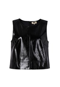 Schwarzes ärmelloses glänzendes Leder-Croptop mit rundem Ausschnitt und Reißverschluss auf der Rückseite, kleines Größenetikett ist am Kragen sichtbar.