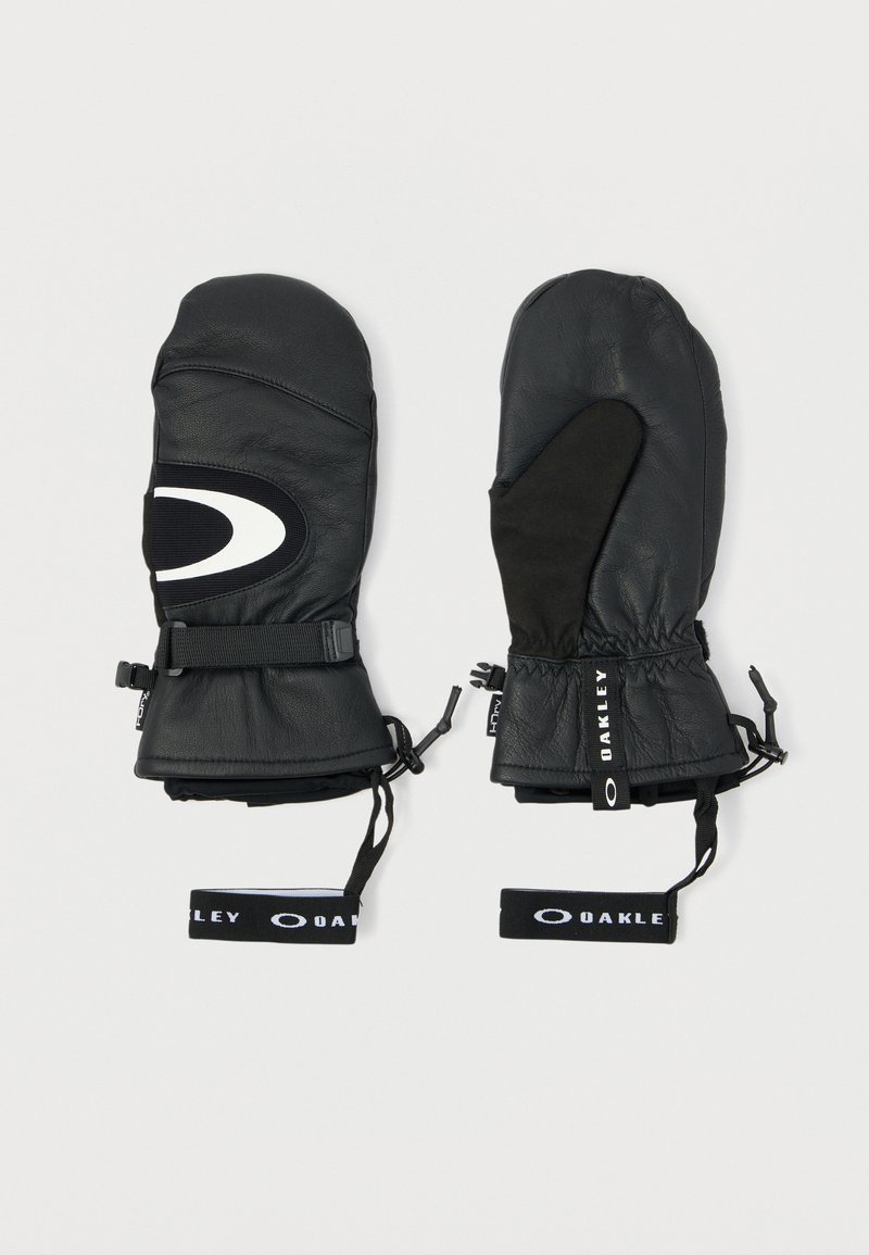 Svarte skinnvotter med en myk tekstur, som har elastisk mansjett, justerbare stropper og en hvit logoakcent på forsiden.