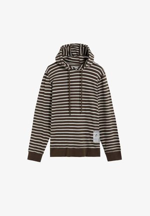 Brown and white striped hoodie with a front kangaroo pocket, drawstring hood, and a small graphic label on the lower side.