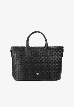 Schwarze geflochtene Lederhandtasche mit zwei runden Griffen, rechteckiger Form, strukturierten Oberflächen und subtiler goldener Logoplakette an der unteren Vorderseite.