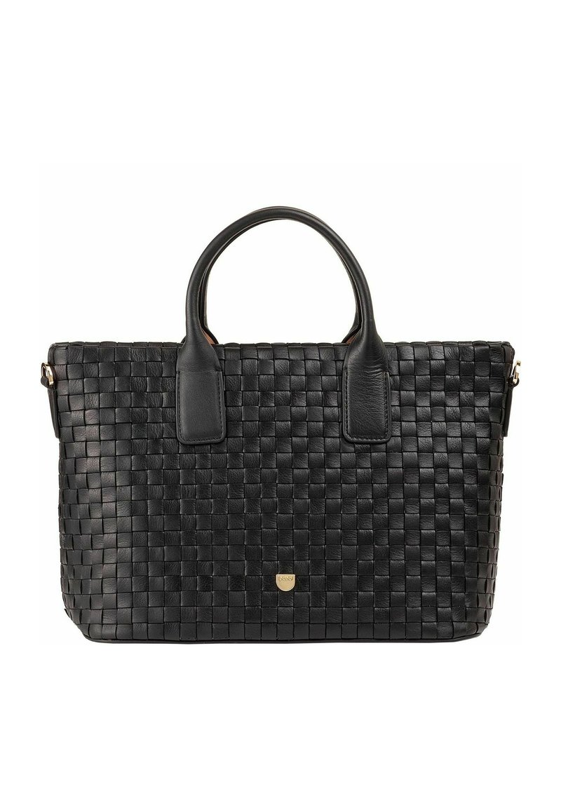 Borsa a tracolla in pelle intrecciata nera con due manici rotondi, forma rettangolare, superficie testurizzata e sottile logo dorato nella parte frontale inferiore.