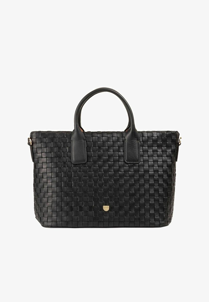Zwarte geweven leren handtas met twee ronde handvatten, rechthoekige vorm, geprofileerde oppervlakte en subtiele gouden logo aan de onderzijde.
