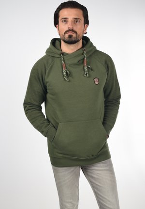 Green hoodie with a kangaroo pocket, drawstring hood, and raglan sleeves. Features a textured finish and a small logo patch on the chest.