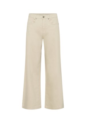 Bézs színű, bő szárú nadrág elülső zsebekkel, övbújtatókkal, és gombos-cipzáras rögzítéssel, fehér háttér előtt bemutatva.