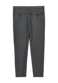 Pantaloni grigi a spina di pesce con finitura testurizzata, dotati di due tasche posteriori e passanti per cintura per una vestibilità su misura.