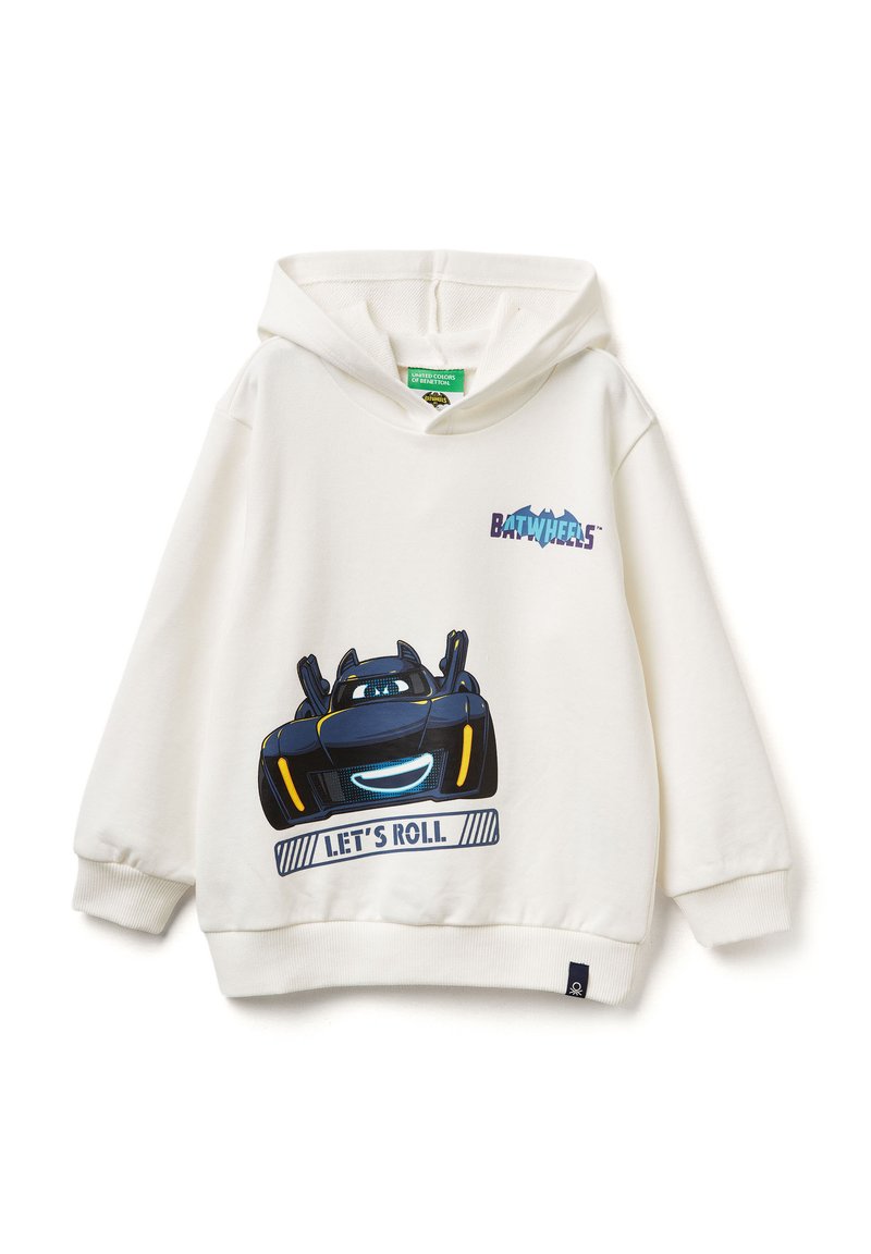 Hoodie bianco realizzato in tessuto morbido, con una grafica di una macchina cartoon blu e gialla con il testo "LET'S ROLL" sotto.