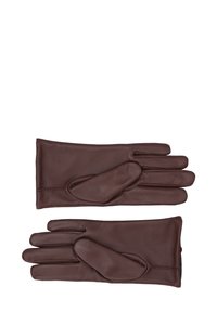 Brązowe skórzane rękawiczki o gładkiej fakturze, z eleganckim wzorem i trzema otworami na palce. Zawierają wyraźny kawałek na kciuk.