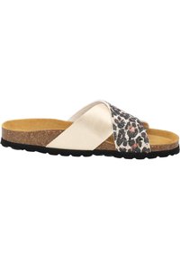 Sandali scivolati in pelle con design incrociato. Cinghie in pelle beige e un accento con stampa leopardata. Plantare in sughero e suola in gomma nera.