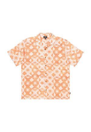 Korte mouwen overhemd met knopen in oranje, met een geometrisch patroon van diamanten en zonmotieven. Gemaakt van luchtige stof.