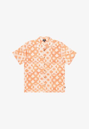 Košeľa s krátkym rukávom a gombíkmi v oranžovej farbe s geometrickým vzorom, ktorý obsahuje diamanty a slnečné motívy. Vyrobená z ľahkého materiálu.
