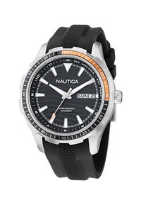 Must musta musta tekstuuriga kummirihm, hõbedane raam ja must kellaseier, millel on oranžid aktsendid, kuupäeva näidik ja julged tunnimarkerid.