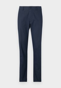 Navy blue trousers with a flat front, straight leg design, and a single button closure at the waist. Smooth fabric with no visible patterns.