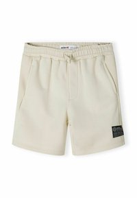 Shorts beiges avec taille élastique, cordon de serrage et deux poches avant. Dispose d'une étiquette de marque noire sur le côté. Tissu doux, design décontracté.
