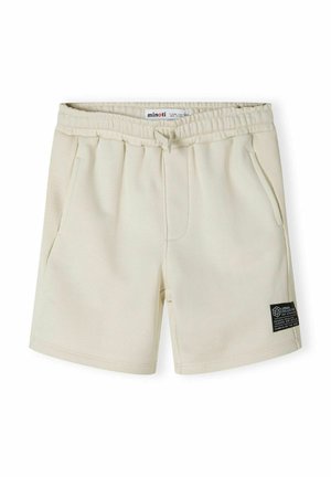 Bež kratke hlače s elastičnom trakom u struku, vezicom i dva prednja džepa. Ima crnu oznaku brenda sa strane. Mekani materijal, ležeran dizajn.