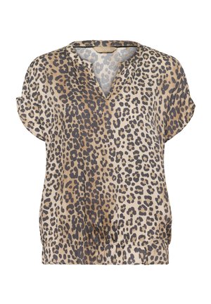 Blouse imprimé léopard avec décolleté en V, manches courtes et ourlet élastiqué. Fabriquée en tissu léger dans des tons de marron et beige.