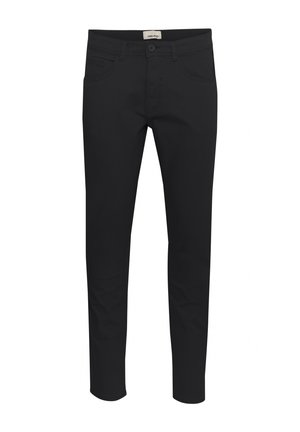 Fekete nadrág, tömör anyagból, szabványos fit, öt zsebes kialakítással és gombos záródással. Sleek és sokoldalú.