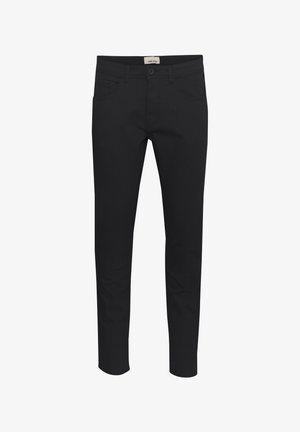 Czarne spodnie wykonane z solidnej tkaniny, charakteryzujące się standardowym krojem, pięcioma kieszeniami i zapięciem na guzik. Eleganckie i wszechstronne.