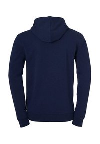 Felpa blu navy con cappuccio regolabile, maniche lunghe, polsini e orlo a coste. Realizzata in tessuto morbido e strutturato, progettata per un uso casual.