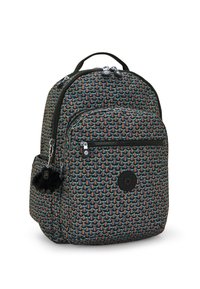 Zaino con un tessuto a motivo scuro caratterizzato da forme triangolari multicolori. Include una tasca anteriore con zip e un pompon morbido come tirazip.