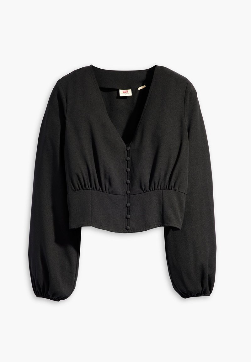 Schwarze, verkürzte Bluse mit tiefem V-Ausschnitt, Puffärmeln und mit Stoff bedeckten Knöpfen entlang der Vorderseite. Glatte Textur mit gerafften Details.