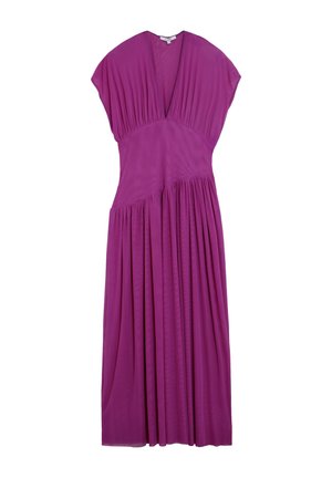 Vestido morado sin mangas con escote en V pronunciado y detalles de tela fruncida en el corpiño y la falda.