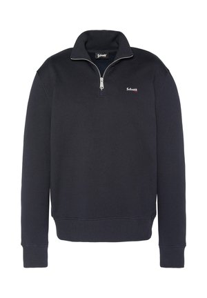 Felpa blu navy realizzata in misto cotone, con colletto a mezza zip, polsini a coste e un piccolo logo sul petto.