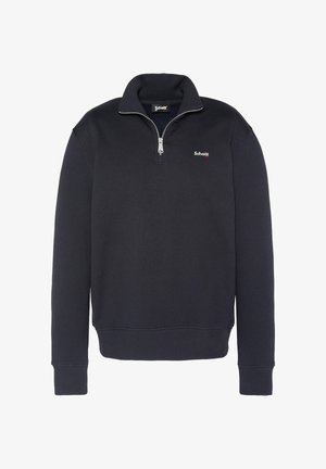 Marineblå sweatshirt lavet af en bomuldsblanding, med halv-zip krave, ribbede manchetter og et lille logo på brystet.