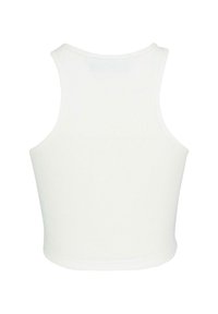 White ribbed tank top featuring a round neckline and sleeveless design, with a fitted shape and smooth texture. Back view only.
