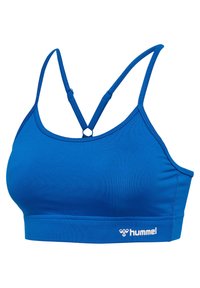 Blauwe sportbeha met dunne verstelbare gekruiste bandjes en wit Hummel-logo op de onderste band.