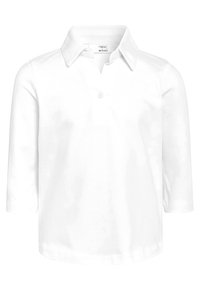Bílá polo tričko s límečkem, rukávy tři čtvrtě, zapínání na jeden knoflík, texturovaná tkanina a rovný lem pro klasický střih.