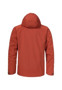 Rode waterdichte jas met een capuchon, lange mouwen en een rechte snit. Beschikt over een gladde textuur en minimalistisch ontwerp.