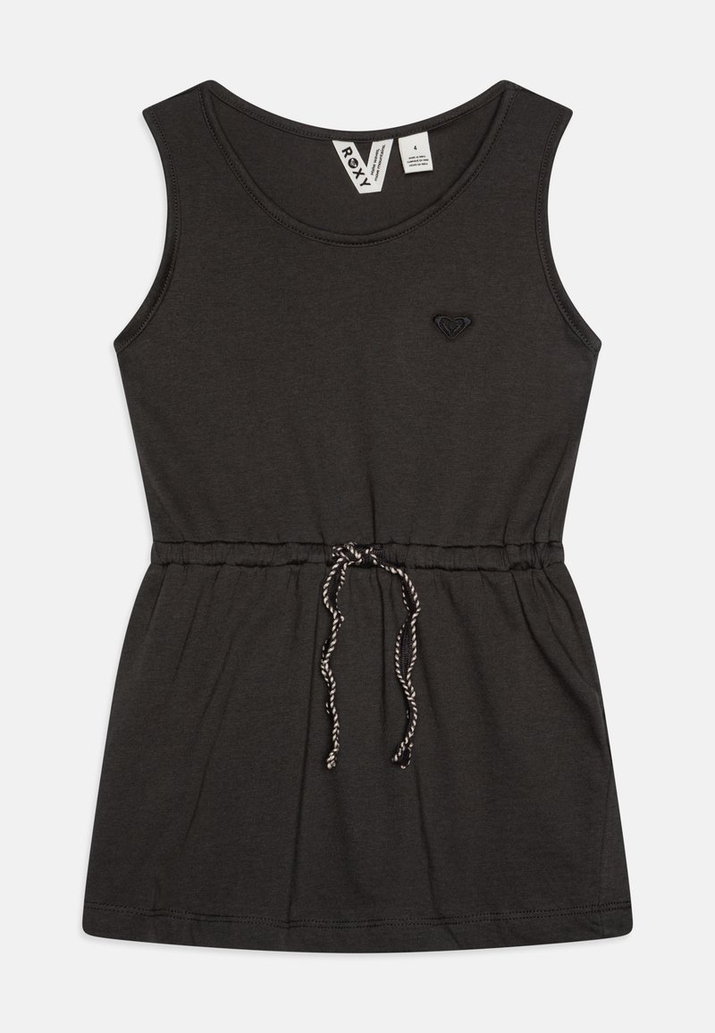 Donkergrijze mouwloze jurk met een elastische taille, verstelbaar touwtje en een klein zwart hartlogo op de borst. Zachte katoenen stof.