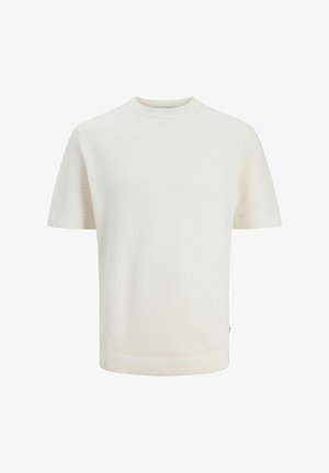 Kortærmet, off-white strikket sweater med rund hals og subtilt tekstureret mønster, vist på en ensfarvet hvid baggrund.
