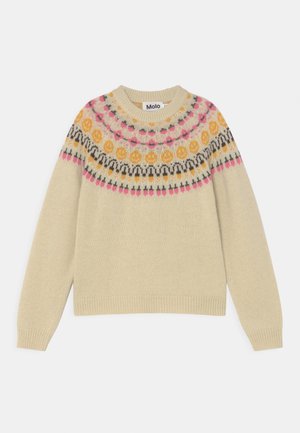 Pull en maille beige avec encolure ronde et motifs circulaires multicolores en rose, orange et noir sur la poitrine et les épaules.