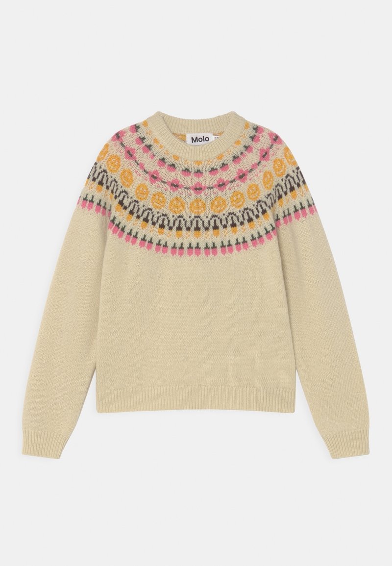 Pull en maille beige avec encolure ronde et motifs circulaires multicolores en rose, orange et noir sur la poitrine et les épaules.