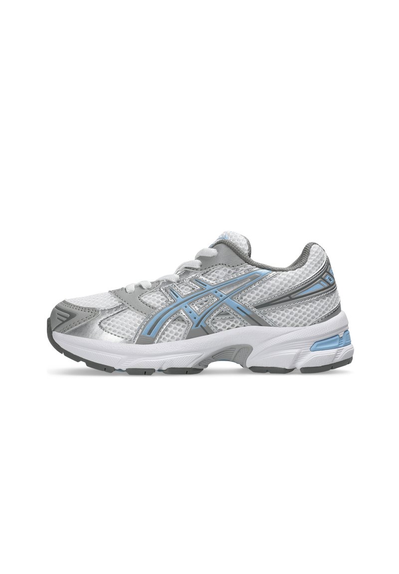Running shoe in white and gray mesh with blue accents. Features a rounded toe, lacing system, and textured sole for traction.