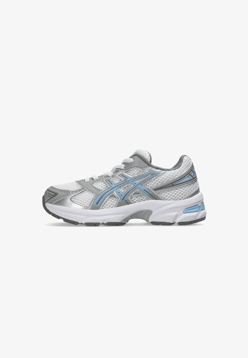 Running shoe in white and gray mesh with blue accents. Features a rounded toe, lacing system, and textured sole for traction.