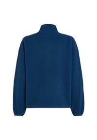 Μπουφάν fleece σκούρου μπλε χρώματος με μακριά μανίκια, ελαστικά μανσέτα και ψηλό γιακά, εμφανίζεται από πίσω σε λευκό φόντο.
