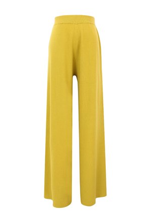 Geel wijde broekspijpen gemaakt van een ribbels gebreid materiaal. Heeft een hoge taille en een losse, vloeiende silhoutte. Gelaagd oppervlak met verticale lijnen.