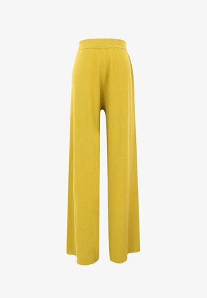 Geel wijde broekspijpen gemaakt van een ribbels gebreid materiaal. Heeft een hoge taille en een losse, vloeiende silhoutte. Gelaagd oppervlak met verticale lijnen.