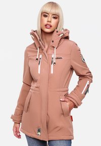 Light pink waterproof jacket with a hood, featuring zippered pockets, drawstrings, and a logo on the shoulder. Smooth texture and tailored fit.